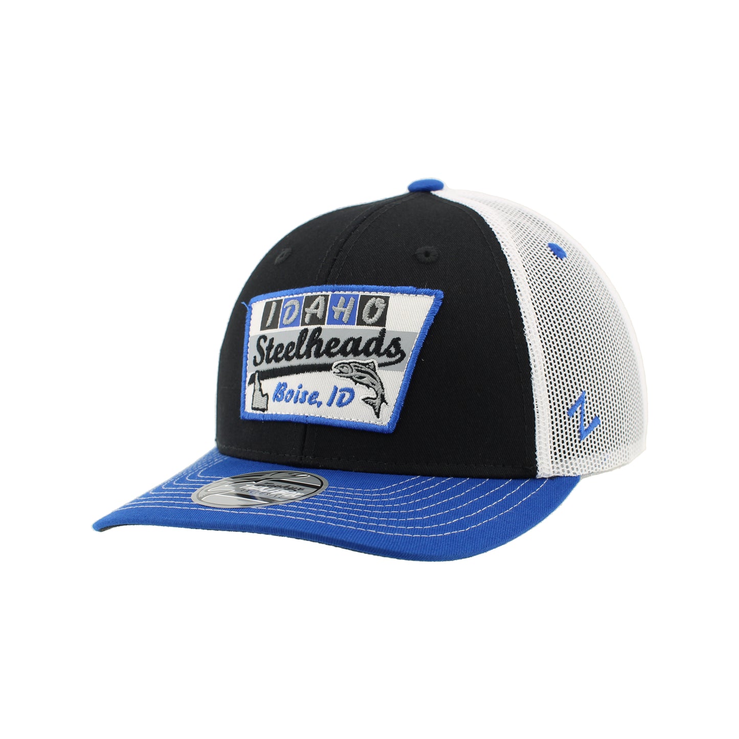 IDAHO STEELHEADS BILLBOARD TRUCKER HAT, BLACK/BLUE/WHITE