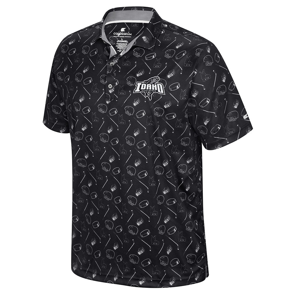 IDAHO STEELHEADS ALL OVER PRINT POLO SHIRT, BLACK