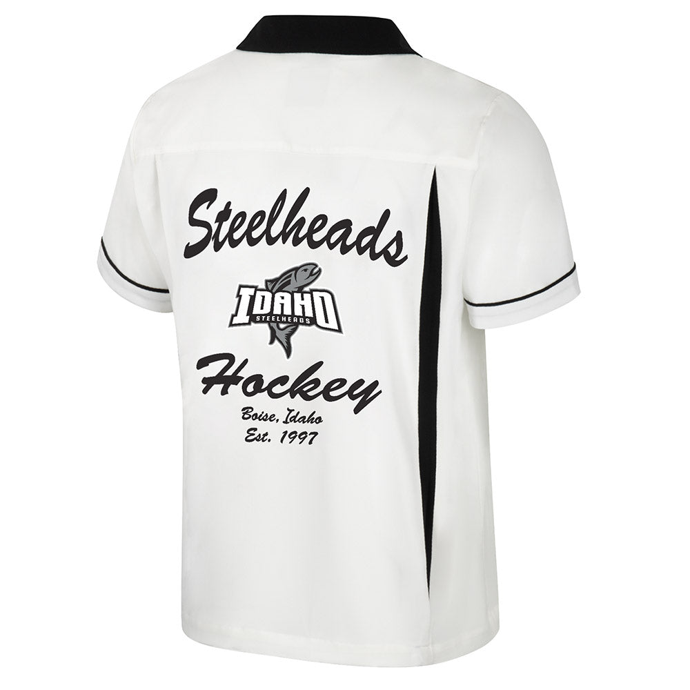 IDAHO STEELHEADS MEN'S BOWLING SHIRT, WHITE/BLACK