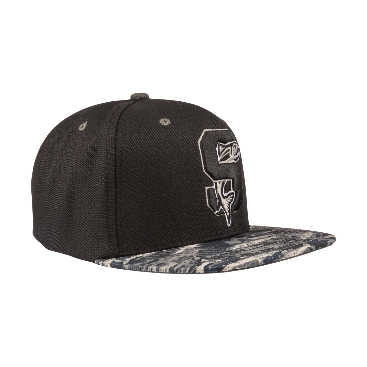 IDAHO STEELHEADS FISH "CAMO" FLAT BILL SNAP BACK HAT, BLACK