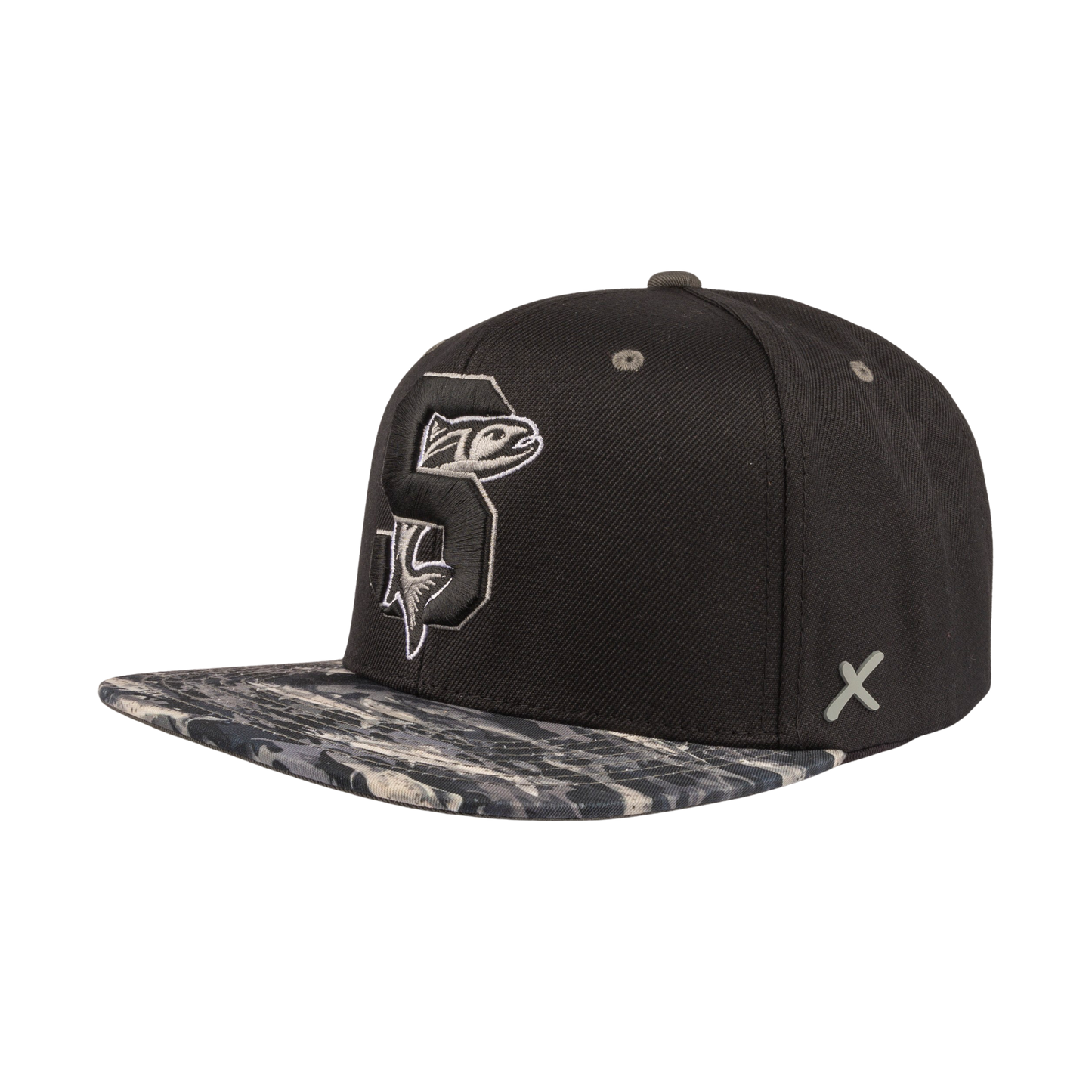 IDAHO STEELHEADS FISH "CAMO" FLAT BILL SNAP BACK HAT, BLACK