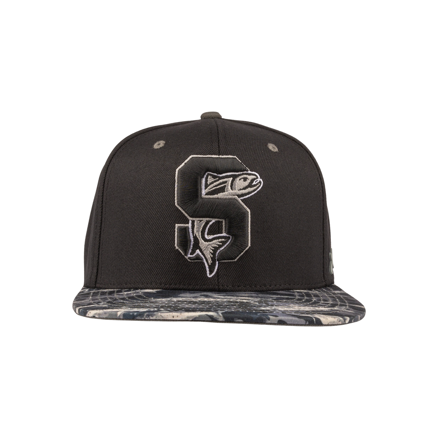 IDAHO STEELHEADS FISH "CAMO" FLAT BILL SNAP BACK HAT, BLACK