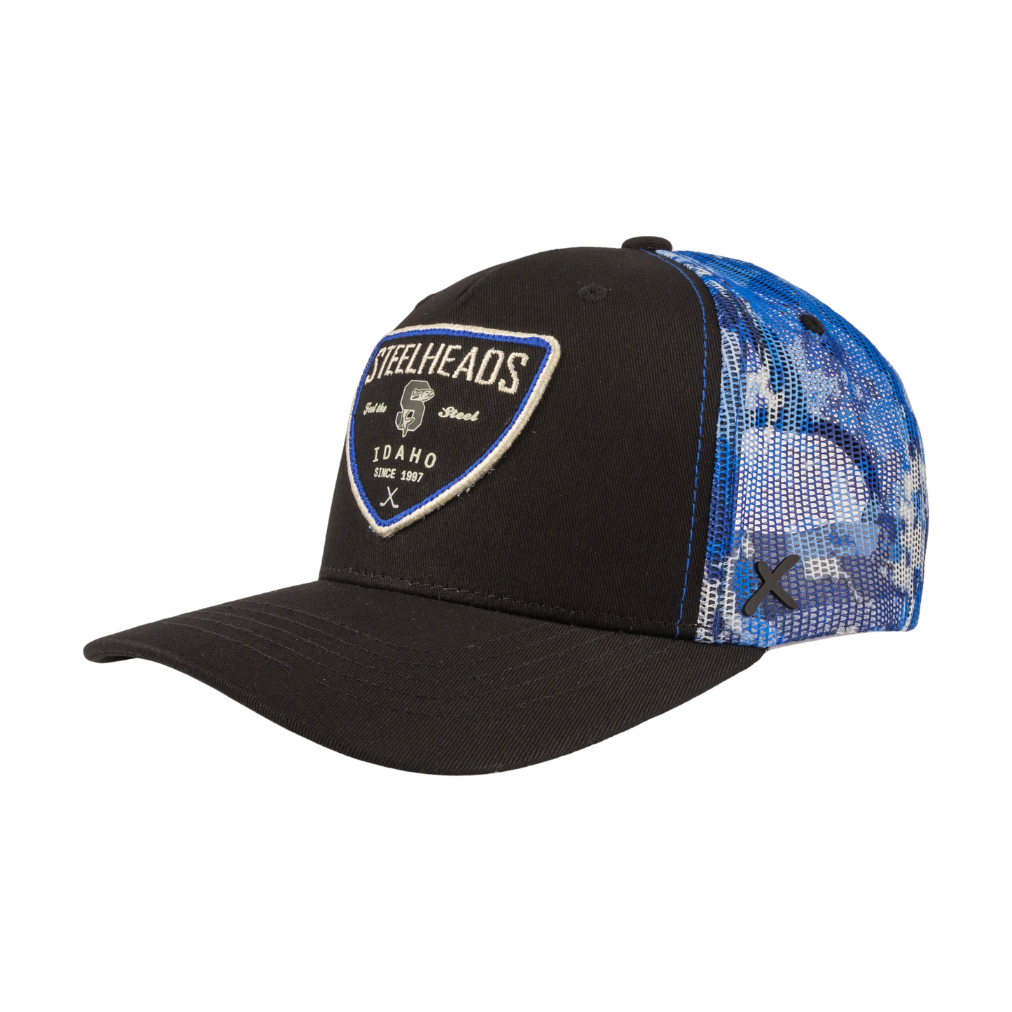 IDAHO STEELHEADS CAMO SHEILD TRUCKER HAT, BLUE CAMO