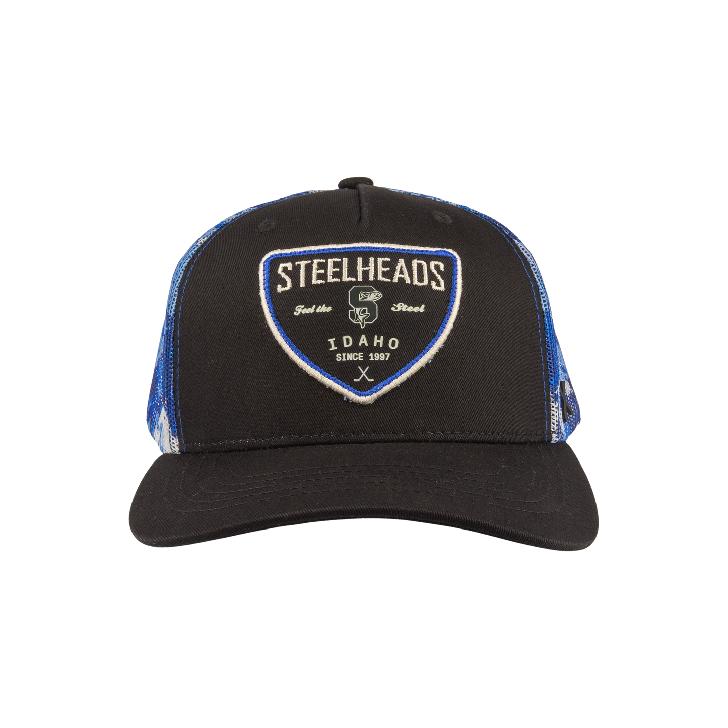 IDAHO STEELHEADS CAMO SHEILD TRUCKER HAT, BLUE CAMO
