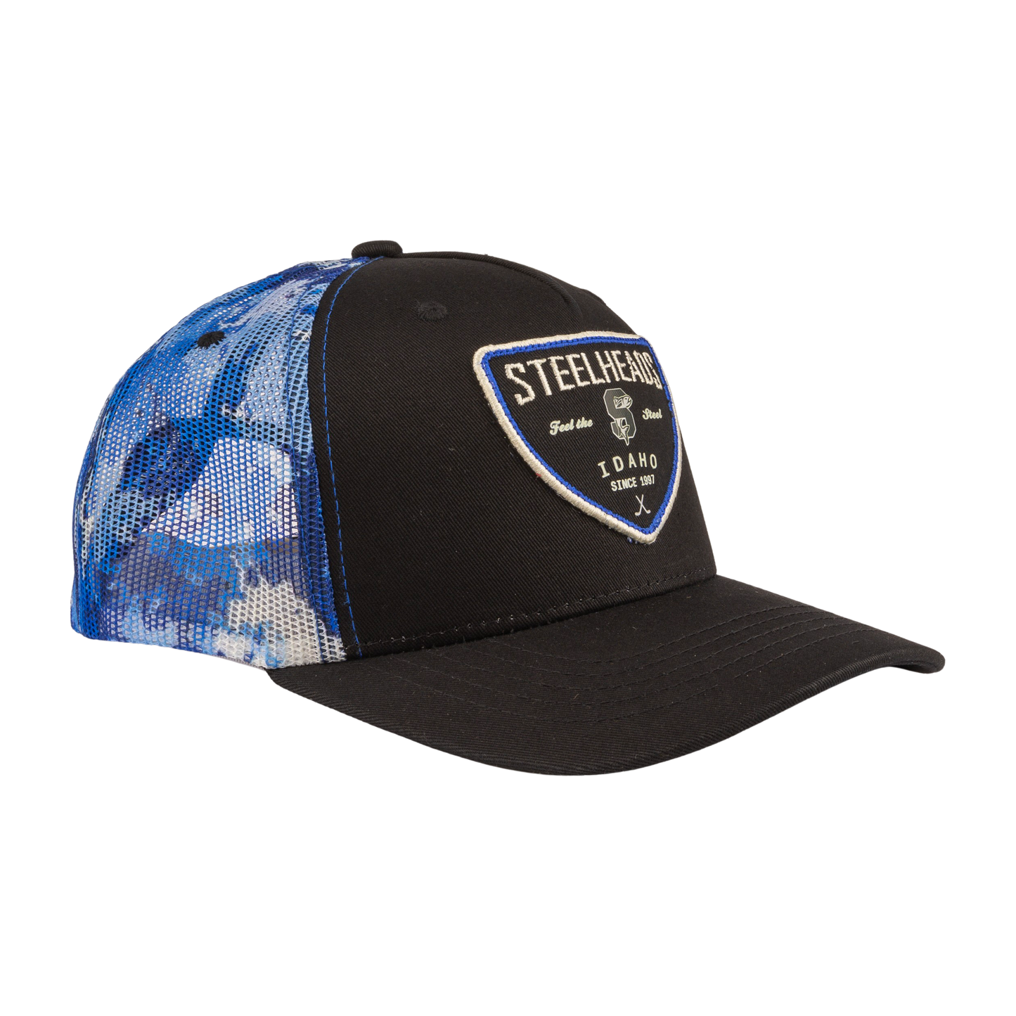 IDAHO STEELHEADS CAMO SHEILD TRUCKER HAT, BLUE CAMO