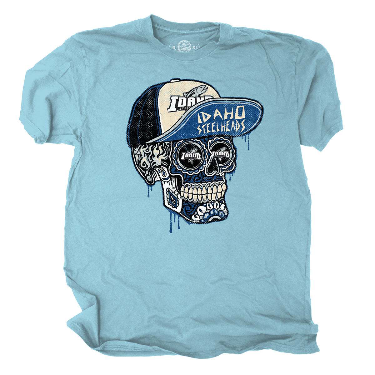 IDAHO STEELHEADS SKATER SKULL TEE, CAROLINA BLUE
