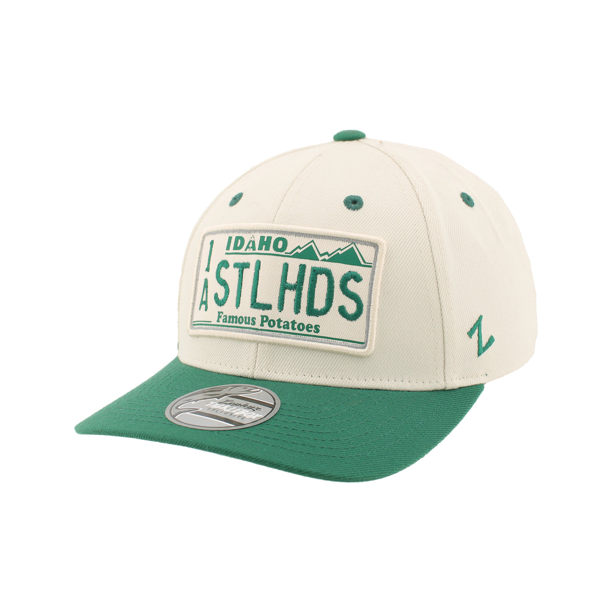 IDAHO STEELHEADS RETRO PLATE MOUNTAINS SNAPBACK HAT, CREAM/GREEN