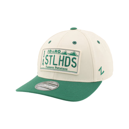 IDAHO STEELHEADS RETRO PLATE MOUNTAINS SNAPBACK HAT, CREAM/GREEN