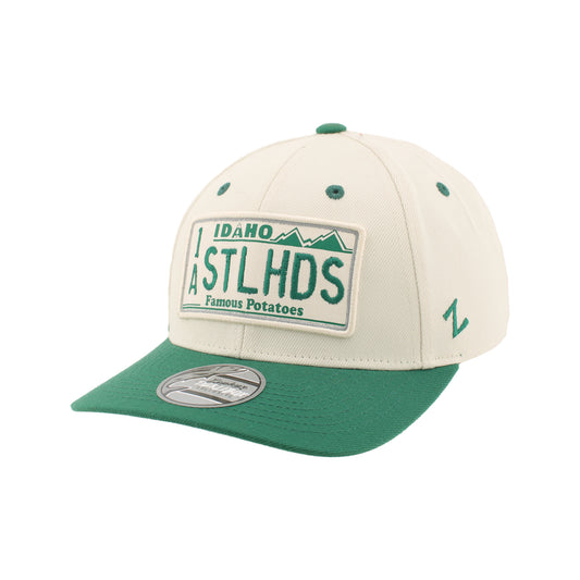 IDAHO STEELHEADS RETRO PLATE MOUNTAINS SNAPBACK HAT, CREAM/GREEN