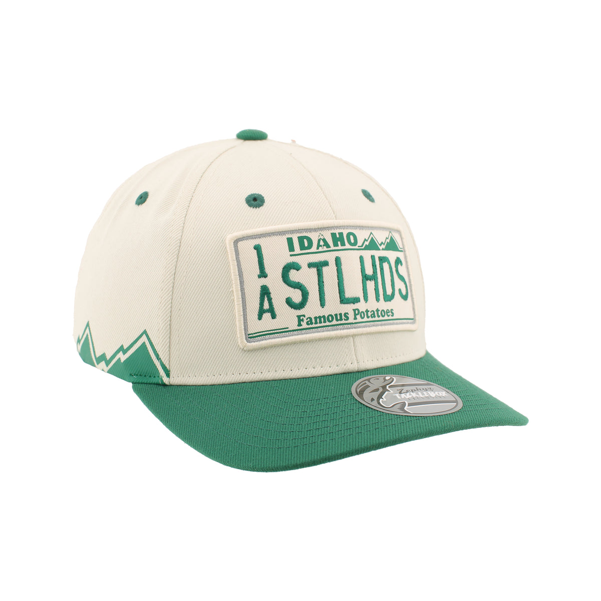 IDAHO STEELHEADS RETRO PLATE MOUNTAINS SNAPBACK HAT, CREAM/GREEN