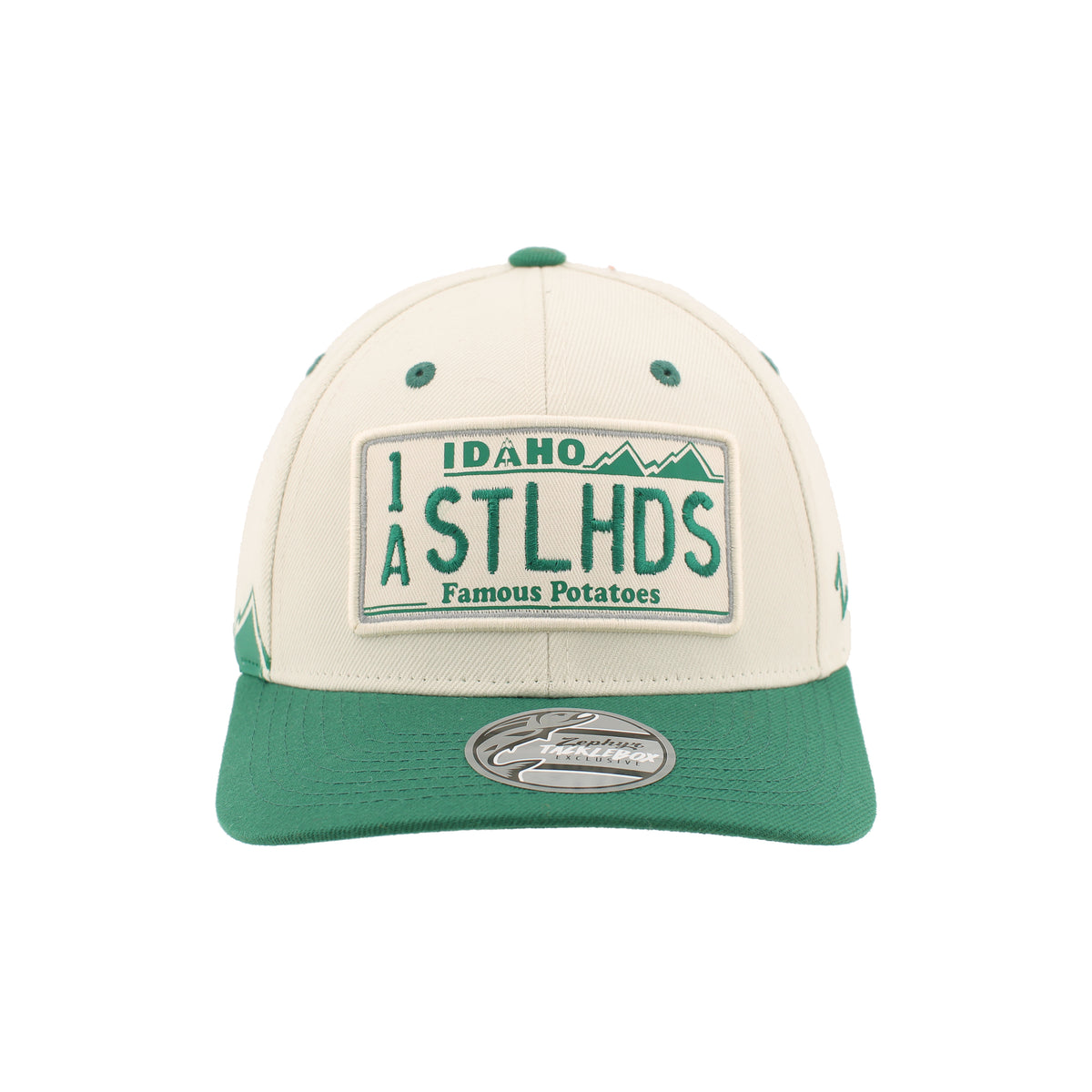 IDAHO STEELHEADS RETRO PLATE MOUNTAINS SNAPBACK HAT, CREAM/GREEN