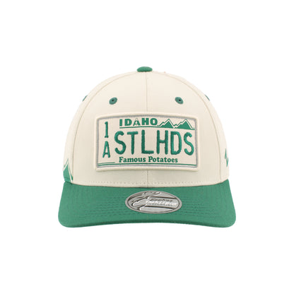 IDAHO STEELHEADS RETRO PLATE MOUNTAINS SNAPBACK HAT, CREAM/GREEN