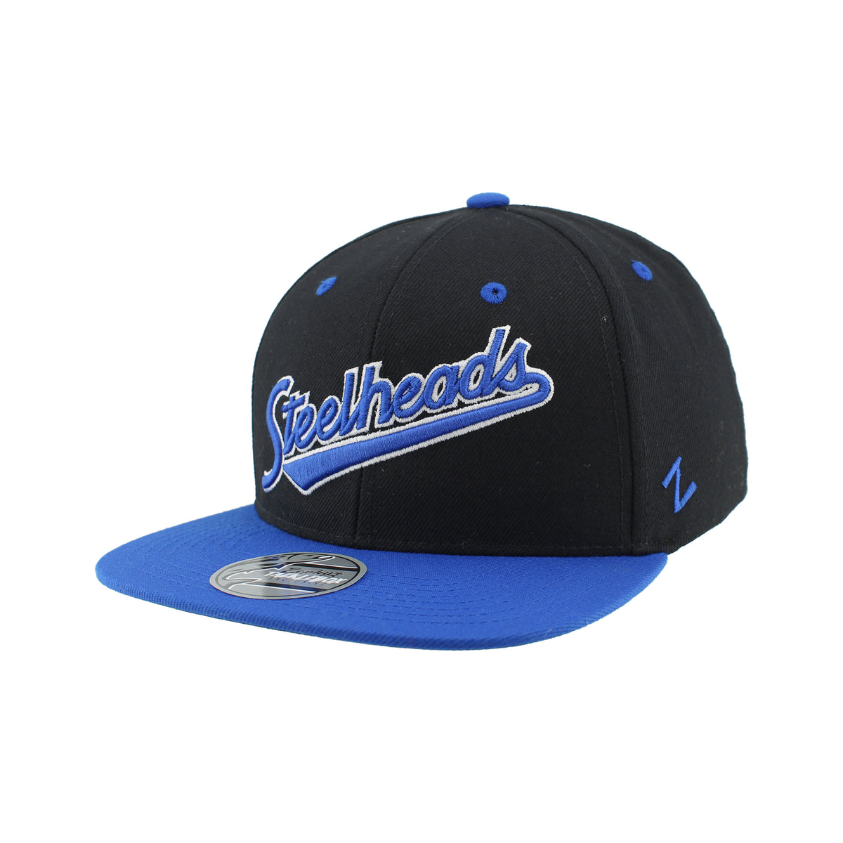 IDAHO STEELHEADS SCRIPTED FLATBILL SNAPBACK HAT, BLACK/BLUE