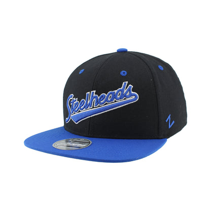 IDAHO STEELHEADS SCRIPTED FLATBILL SNAPBACK HAT, BLACK/BLUE