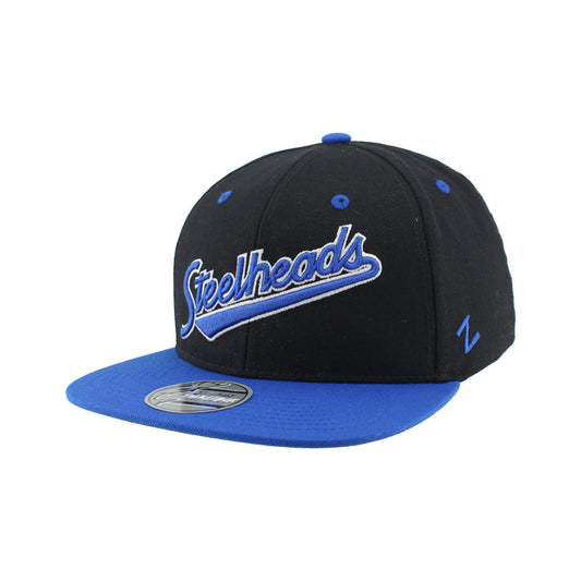 IDAHO STEELHEADS SCRIPTED FLATBILL SNAPBACK HAT, BLACK/BLUE