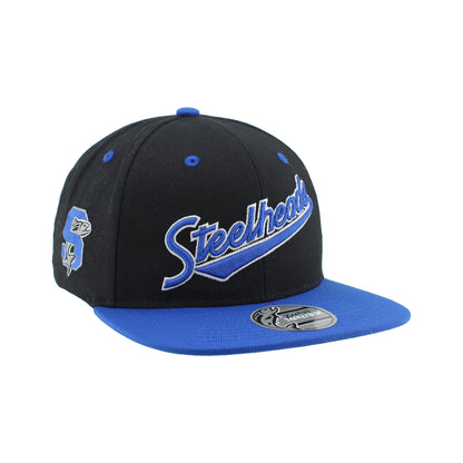IDAHO STEELHEADS SCRIPTED FLATBILL SNAPBACK HAT, BLACK/BLUE