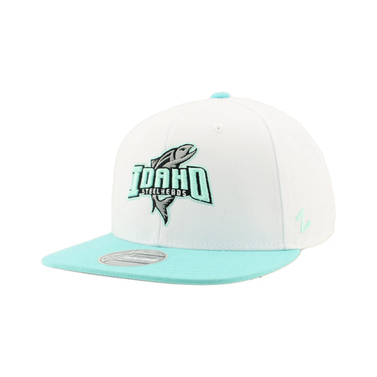 IDAHO STEELHEADS EAZY TIFF FLATBILL SNAPBACK HAT, WHITE/AQUA