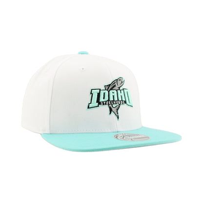 IDAHO STEELHEADS EAZY TIFF FLATBILL SNAPBACK HAT, WHITE/AQUA