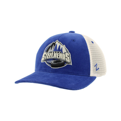 IDAHO STEELHEADS SCOOP COURDUROY TRUCKER HAT, ROYAL/STONE