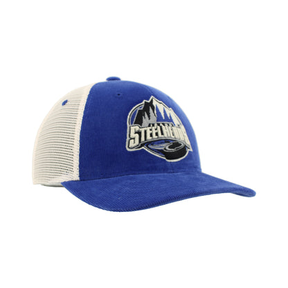 IDAHO STEELHEADS SCOOP COURDUROY TRUCKER HAT, ROYAL/STONE