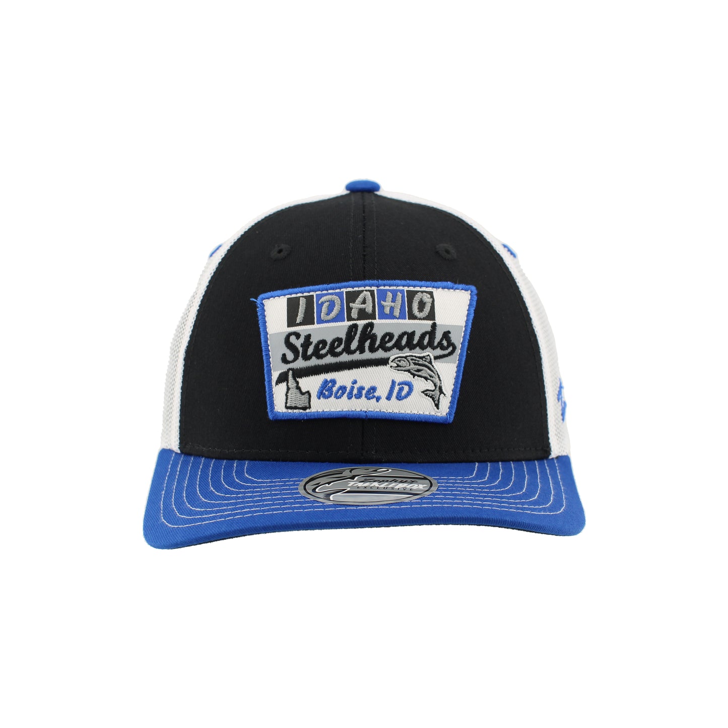 IDAHO STEELHEADS BILLBOARD TRUCKER HAT, BLACK/BLUE/WHITE
