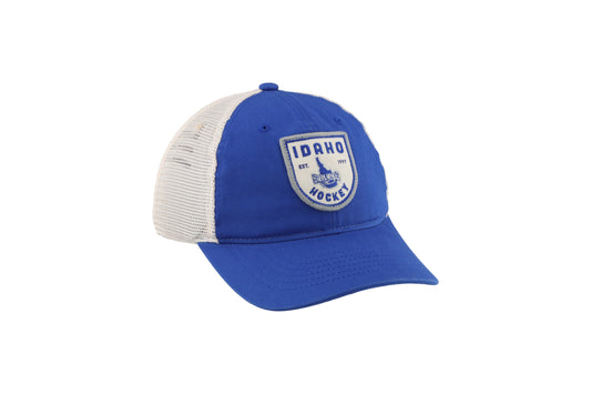 IDAHO STEELHEADS UNIVERSITY TRUCKER HAT, STONE/ROYAL