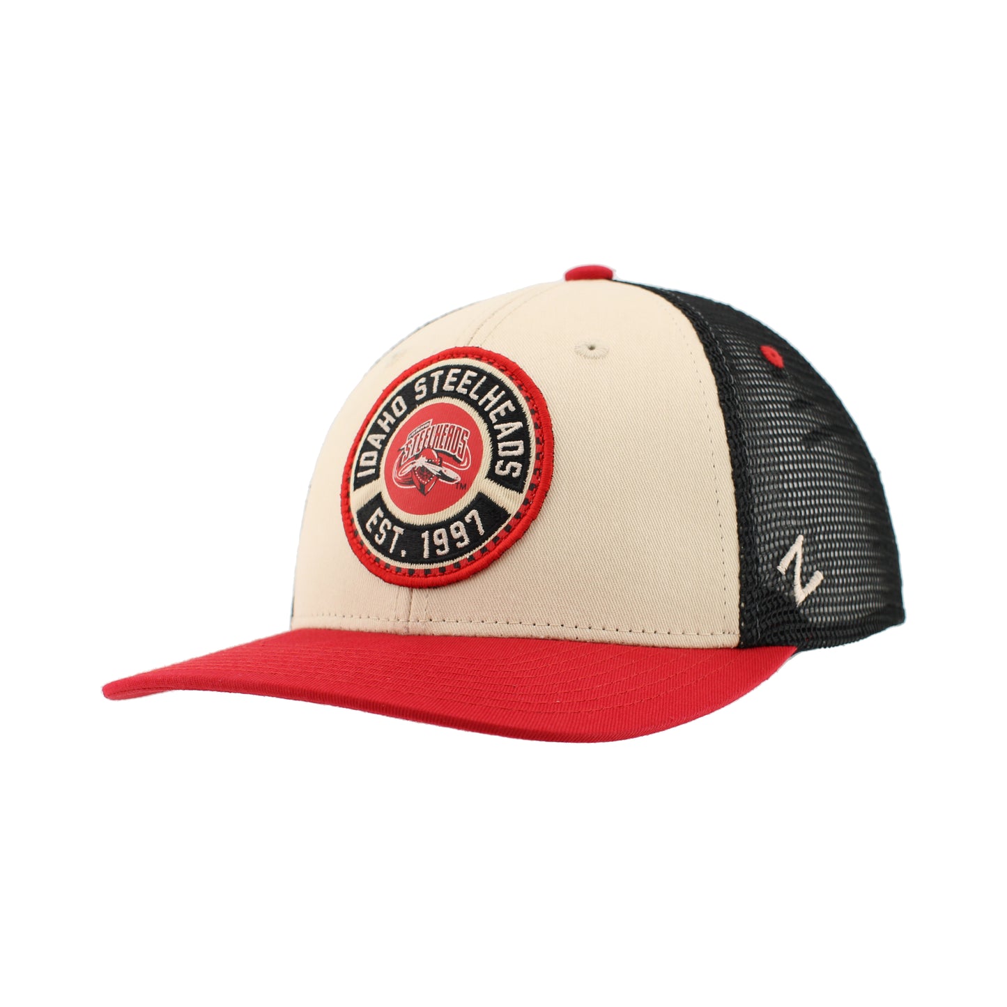 IDAHO STEELHEADS HOMESPUN ADJUSTABLE TRUCKER HAT, BLACK/NATURAL/RED