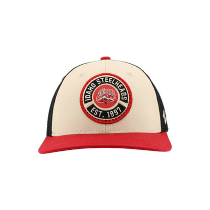 IDAHO STEELHEADS HOMESPUN ADJUSTABLE TRUCKER HAT, BLACK/NATURAL/RED