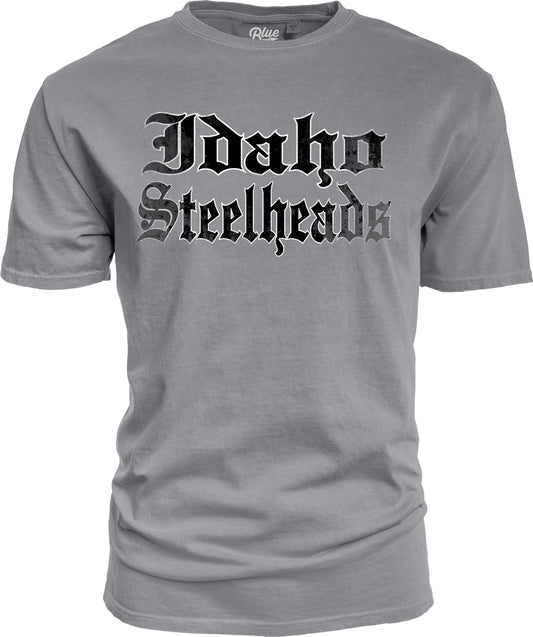IDAHO STEELHEADS MEN'S OLD ENGLISH TEE, STEEL GREY
