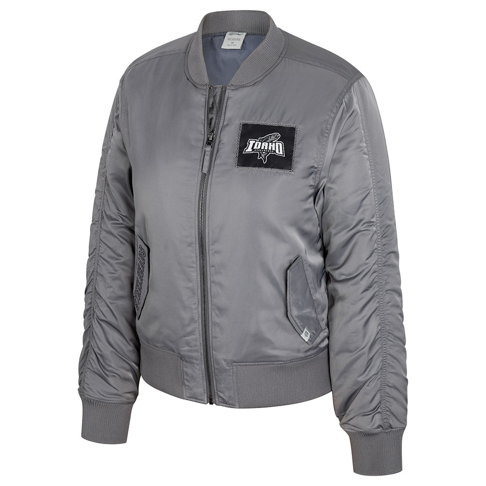 IDAHO STEELHEADS WOMEN'S PREMIUM SATIN RUCHED BOMBER JACKET, PEWTER