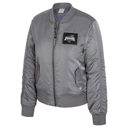 IDAHO STEELHEADS WOMEN'S PREMIUM SATIN RUCHED BOMBER JACKET, PEWTER