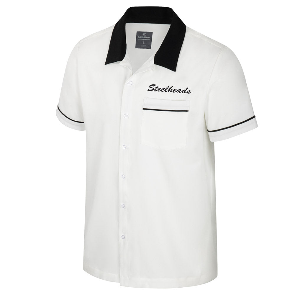 IDAHO STEELHEADS MEN'S BOWLING SHIRT, WHITE/BLACK