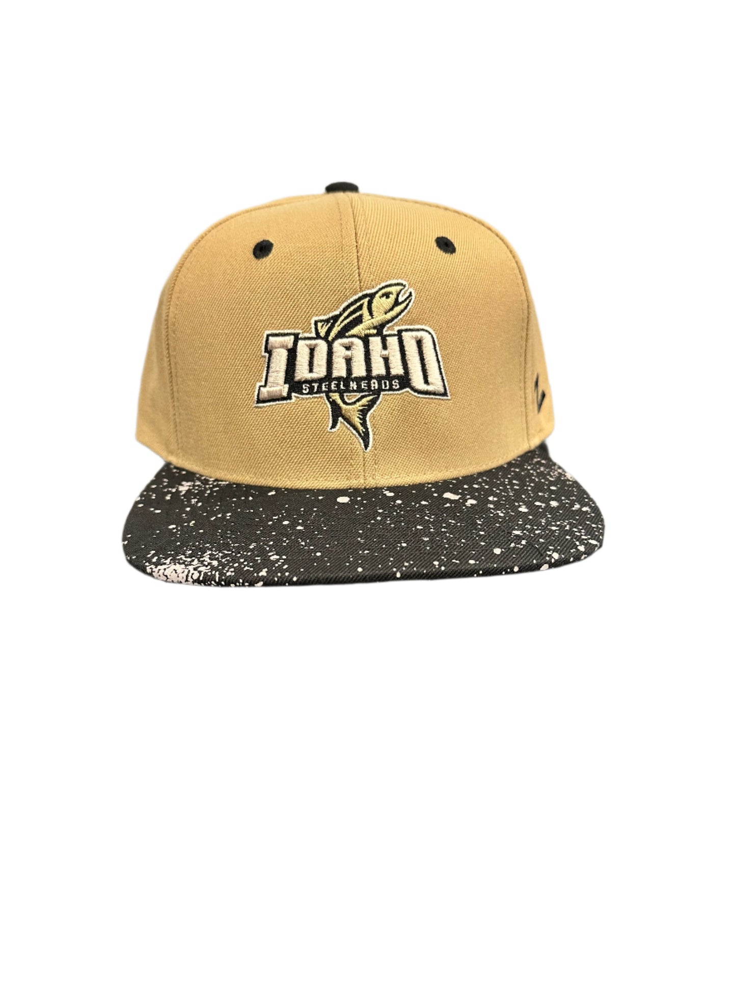 IDAHO STEELHEADS PAINT SPLATTER FLAY BILL SNAPBACK HAT, KHAKI/BLACK