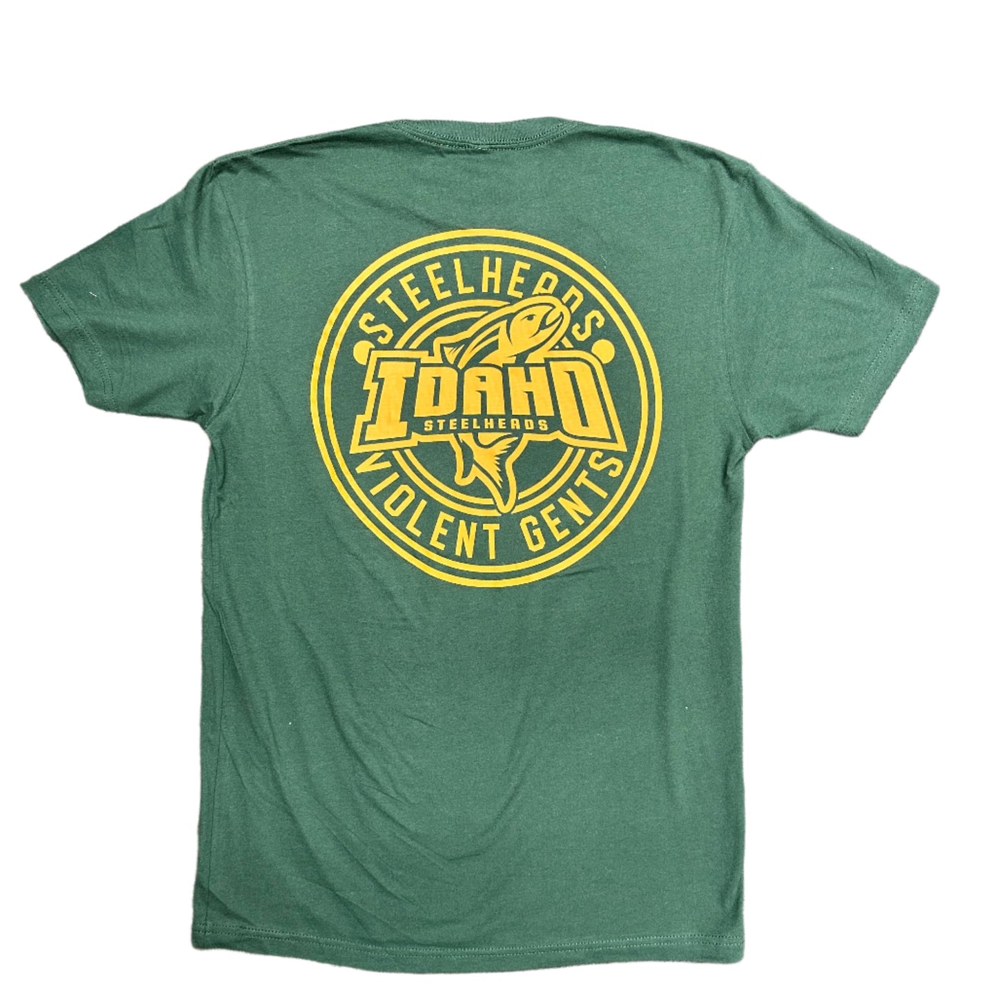 IDAHO STEELHEADS X VIOLENT GENTLEMEN BUTTON TEE, FOREST GREEN/YELLOW