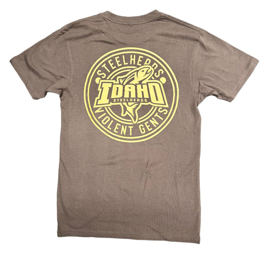 IDAHO STEELHEADS X VIOLENT GENTLEMEN BUTTON TEE, COFFEE BROWN