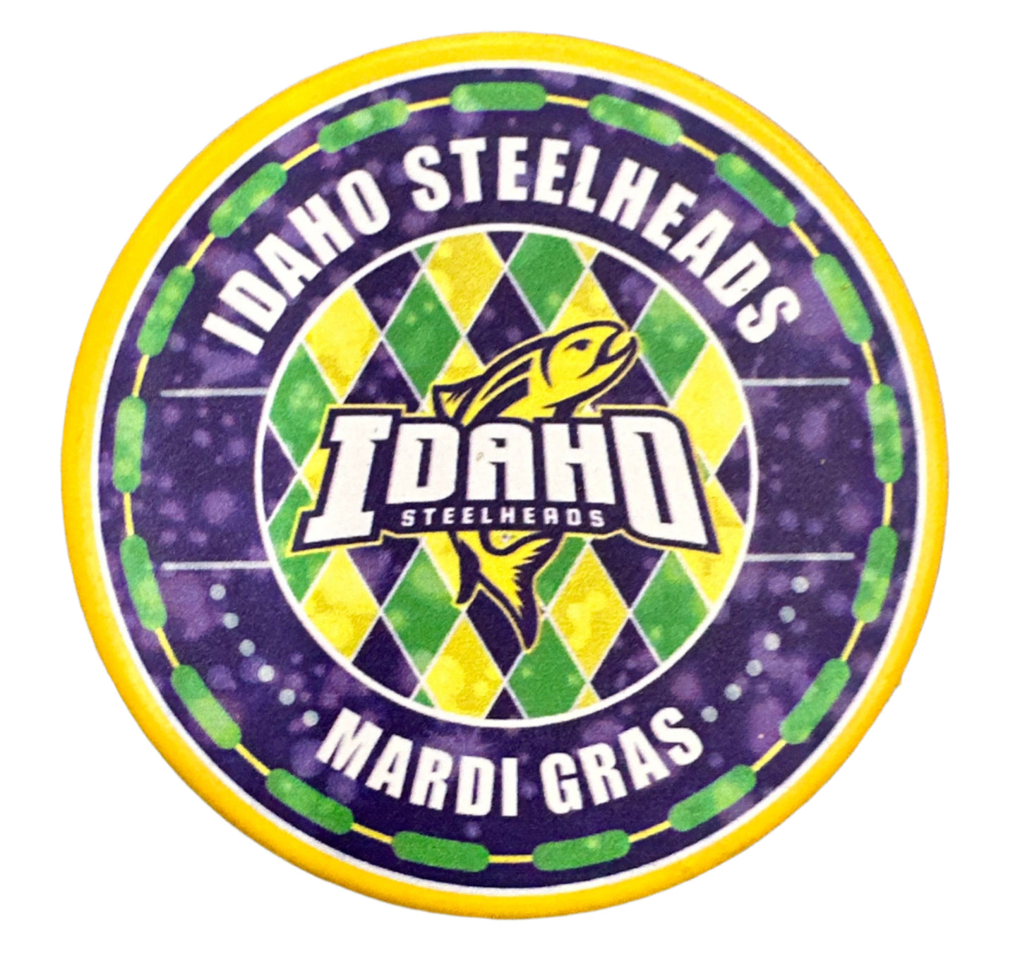 IDAHO STEELHEADS MARDI GRAS PUCK, YELLOW