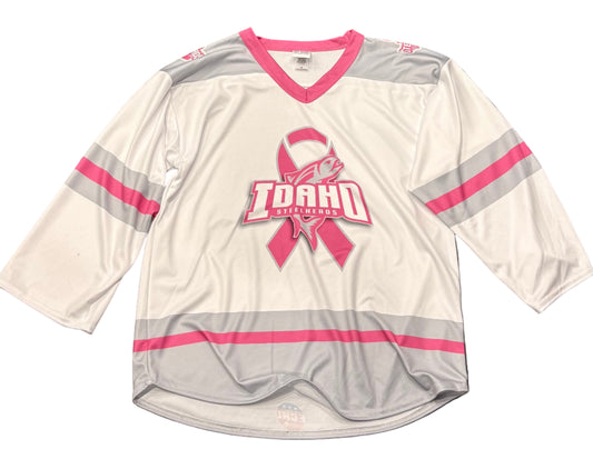 IDAHO STEELHEADS PINK RIBBON POLY JERSEY, WHITE/PINK