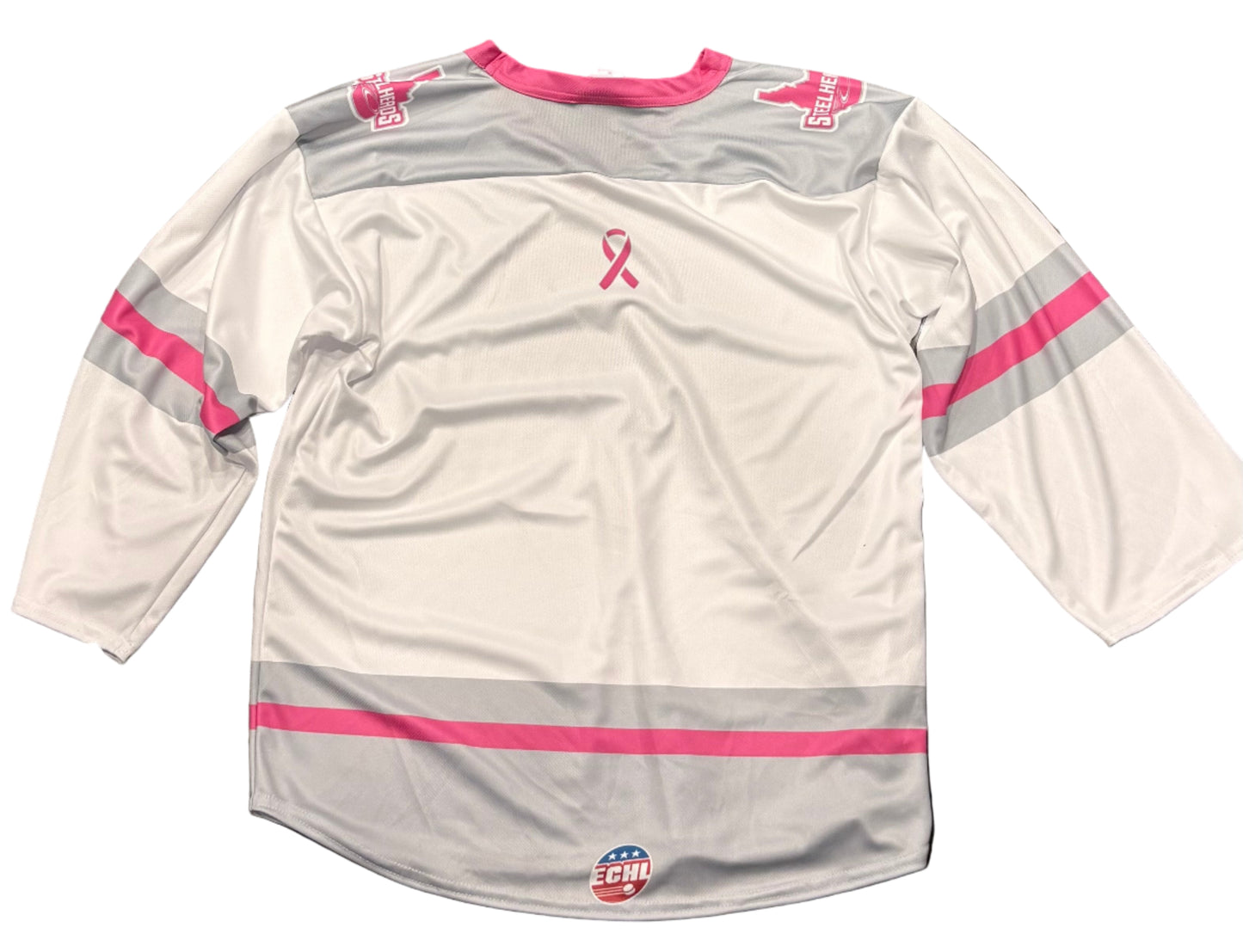 IDAHO STEELHEADS PINK RIBBON POLY JERSEY, WHITE/PINK